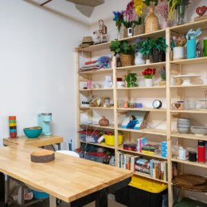 Prop library shelves stocked with ceramics, glassware and styling pieces