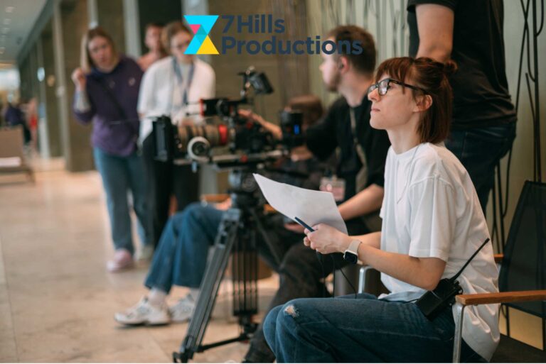Producer reviewing interview questions on set