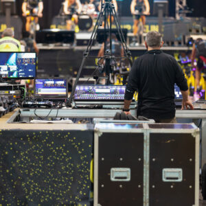 Large LED video wall stage with a camera control position in front of it