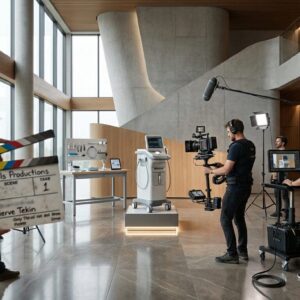 Product filmed on a lit plinth in a bright architectural interior