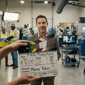 Film crew with a camera and clapperboard on a manufacturing floor