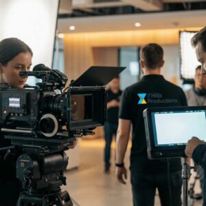 7 Hills Productions crew filming an interview in a modern office interior