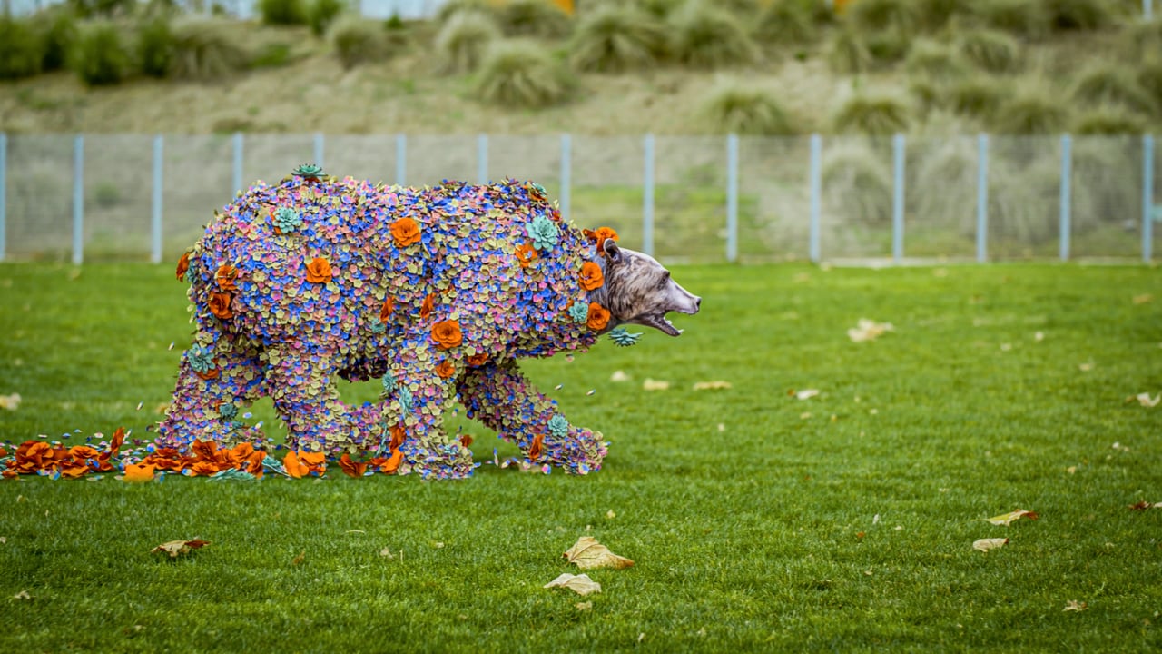 Flower-covered bear sculpture on a lawn, public awareness spot