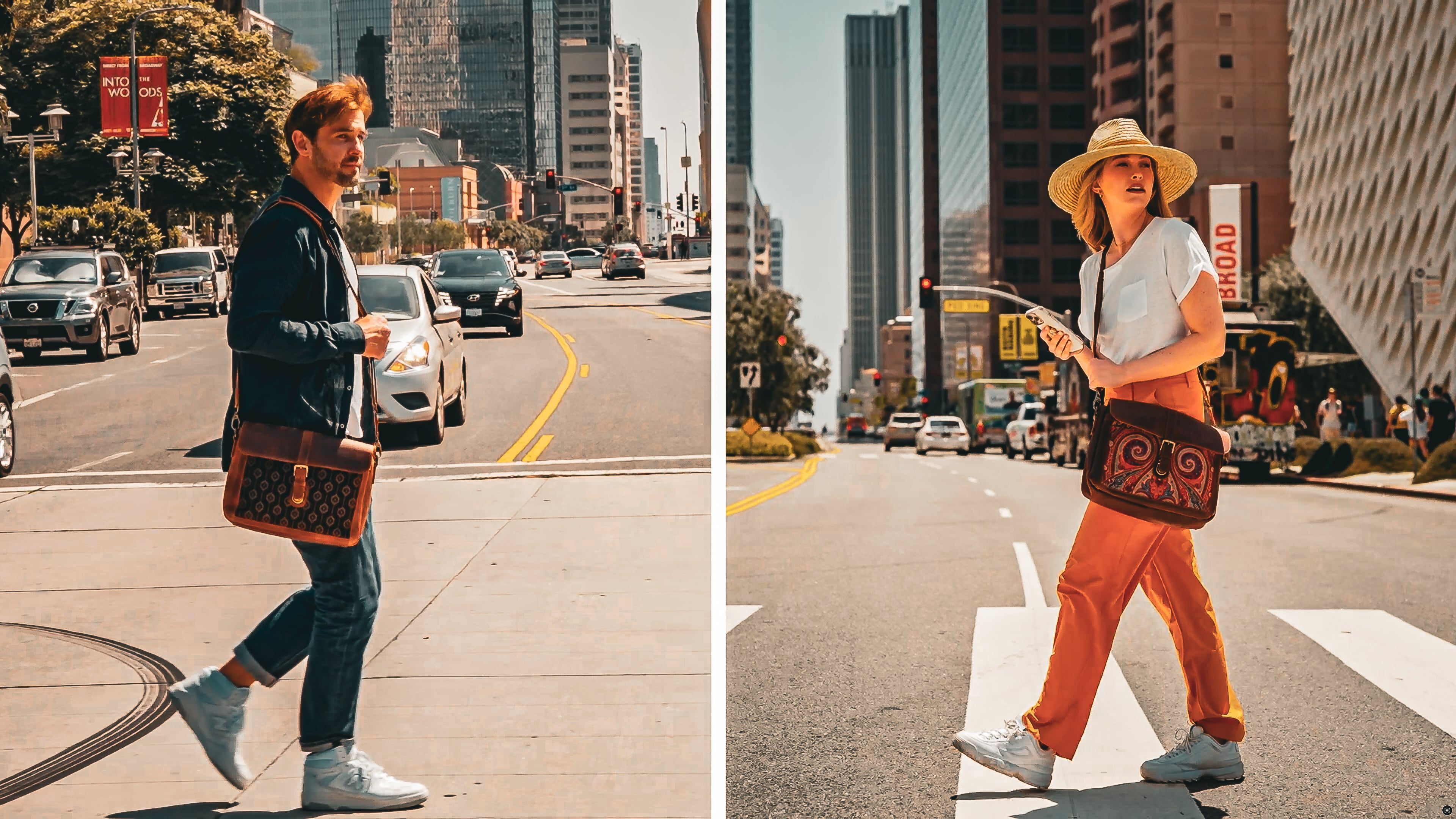 Leather tote bag carried on a city crosswalk, lifestyle product video still